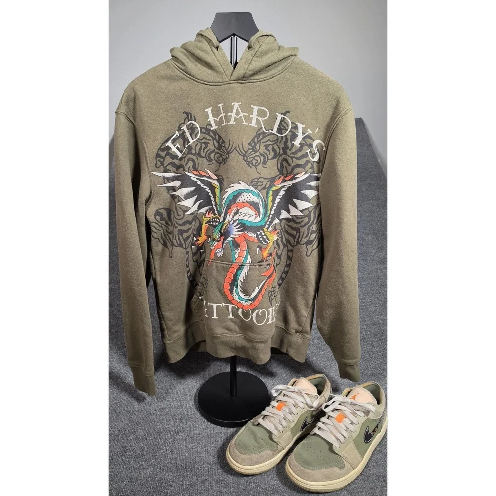 Ed Hardy Hoodie + Nike Air Jordan 1 Low Olive Sz 9.5 Outfit Bundle